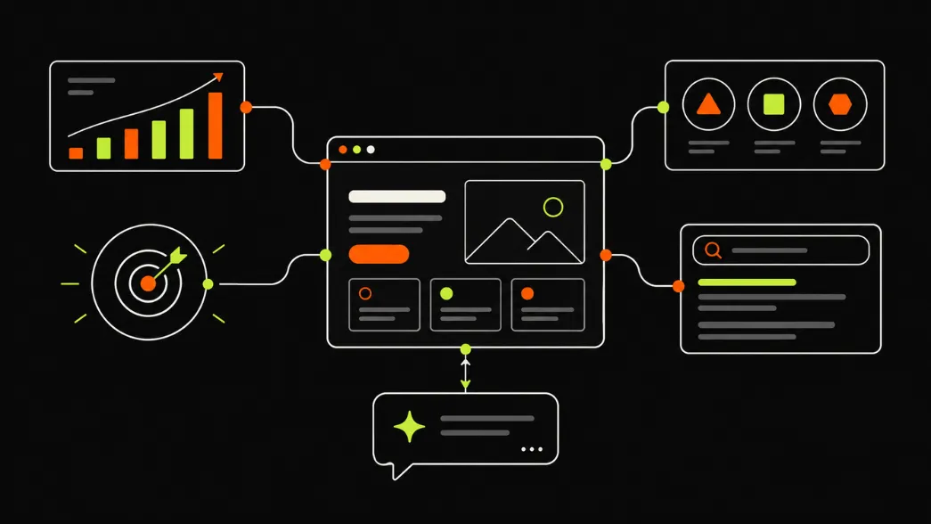 แผนภาพเว็บไซต์ธุรกิจเชื่อมต่อระบบวัดผล Analytics, Conversion, แพลตฟอร์มโฆษณา, ผลการค้นหา Google และคำตอบจาก AI Search